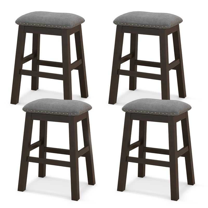 Tangkula 4PCS 24.5" Upholstered Saddle Bar Stools Dining Chairs w/ Wooden Legs Gray, 1 of 6