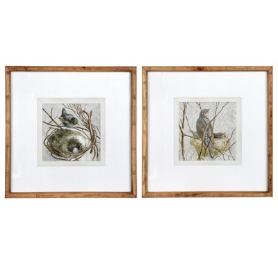 (Set of 2) 18" Square Wood Framed Wall Arts with Bird and Nest - 3R Studios
