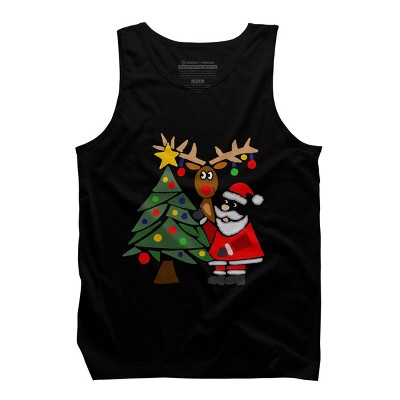 Men's Design By Humans Funny Cute Santa Claus and Christmas Reindeer by Tree By SmileToday Tank Top