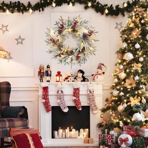 24" Pre-Lit Christmas Wreath with 20 LED Lights, Berries & Pine Cones - Battery Operated Door Decor, 8 Lighting Modes, Snow Frosted - 1 of 4
