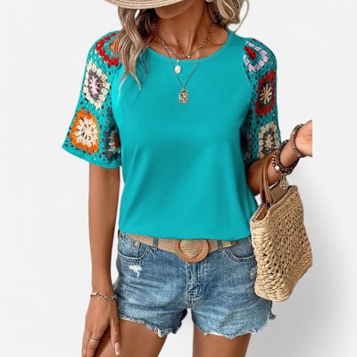 Amaryllis Women's Crochet Sleeve Top Relaxed Fit Boho Chic Short Sleeve Knit Detail Stylish Casual