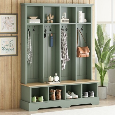 Lycvki Farmhouse 59"W Hall Tree Entryway Bench with 8 Hooks and Shoe Rack