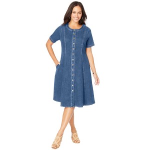 Jessica London Women's Plus Size Button Front Denim Dress - 1 of 4