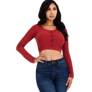 Slickblue Women's Ribbed Long Sleeve Crop Top, Snap Button Front Fitted Tee, 8 Color Options, Size S-L - 1 of 4