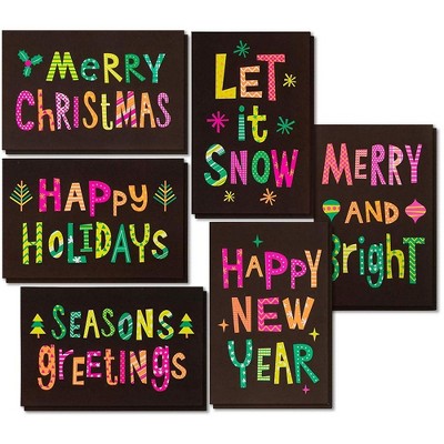 Sustainable Greetings 36-Pack Neon Christmas Cards Assortment with Envelopes, 6 Xmas Designs (4 x 6 In)