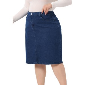 Agnes Orinda Women's Plus Size Denim Classic Slash Pocket Elastic Waist Pencil Back Slit Jeans Skirts - 1 of 4