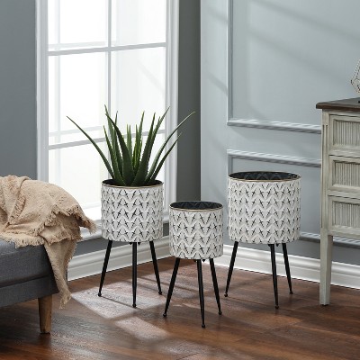 Set of 3 Distressed White and Black Metal Cachepot Planters with Tripod Legs