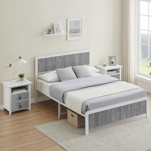 Queen Size Bed Frame with Wave Wood Headboard,Rustic Brown/Gray - 1 of 4