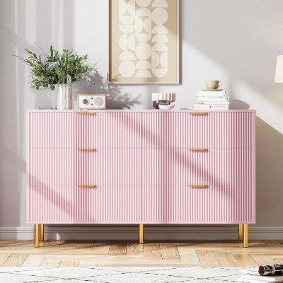 Pink 6 Drawer Dresser, Modern Dresser for Bedroom with Gold Handle, Spacious Storage Organizer for Living Room, Hallway, or Entryway