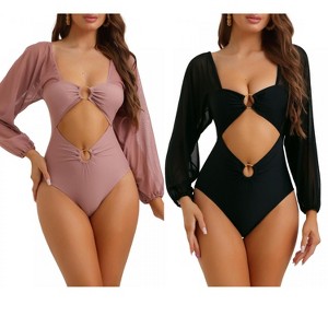 INSPIRE CHIC Women's Cut Out Ring Plunge Neck Shirred Long Sleeves Mesh Tummy Control Monokini Swimsuit 2 Sets - 1 of 4