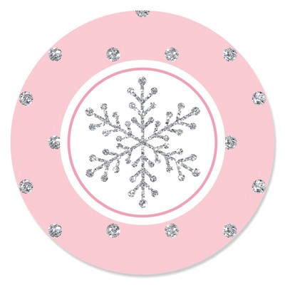 Big Dot of Happiness Pink Winter Wonderland - Holiday Snowflake Birthday Party or Baby Shower Circle Sticker Labels - 24 Count