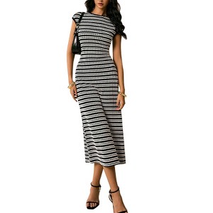 Coolmee Women's Striped Maxi Dress Crewneck Cap Sleeve Bodycon Knit Summer Slim Fit Long Dresses XL Black