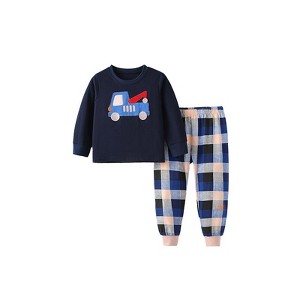 MyKids-Usa Spring and Autumn Boys Cartoon Pattern Long Sleeves Top and Plaid Pants Clothing Set - 1 of 4