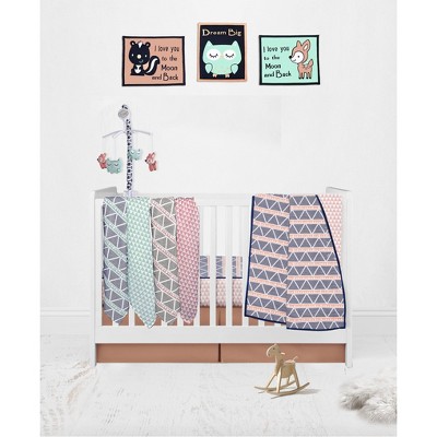 Bacati - Girls Triangles Coral Navy 10 pc Crib Bedding Set with 4 Swaddling Blankets