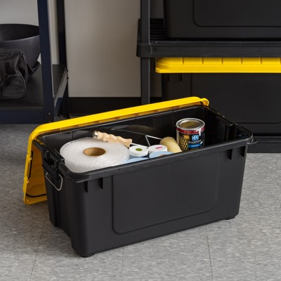 Heavy Duty Black and Yellow 21 Gallon Plastic Storage Totes, 4 Pack