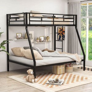 Costway Twin Over Full Metal Bunk Bed with Integrated Ladder Full-length Guardrail Black/White - 1 of 4