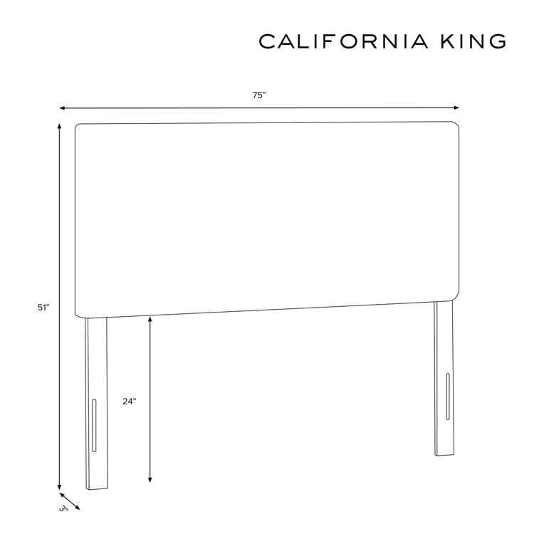 A line drawing of a California King headboard with dimensions labeled as 75 inches wide, 51 inches tall, and 3 inches deep, with legs extending 24 inches.