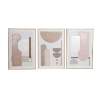 Set of 3 Canvas Abstract Mid-Century Modern Geometric Framed Wall Arts with Brown Accent Pink - The Novogratz