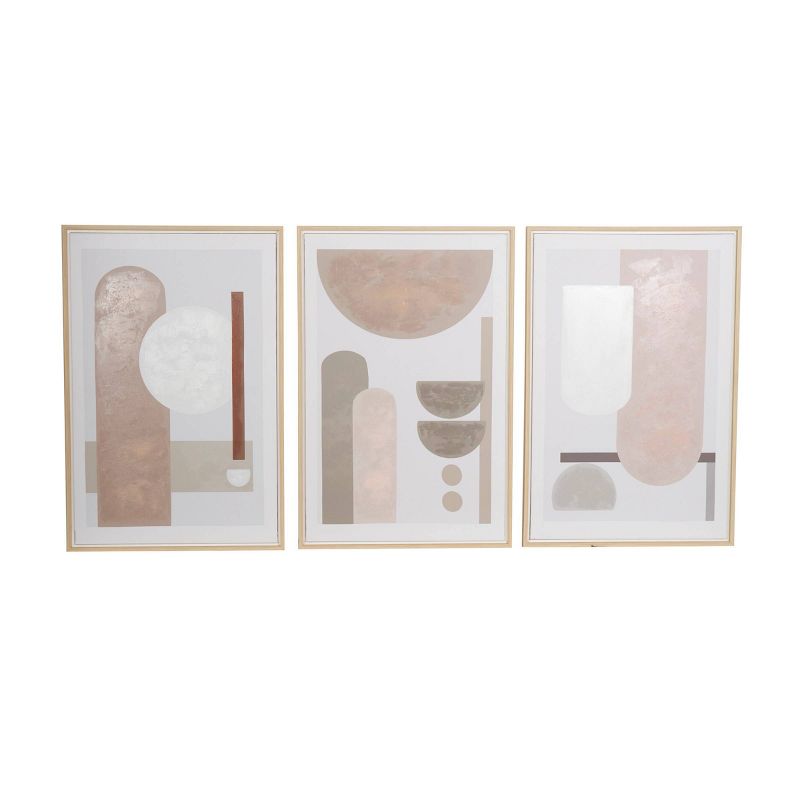 Set of 3 Canvas Abstract Mid-Century Modern Geometric Framed Wall Arts with Brown Accent Pink - The Novogratz, 1 of 6