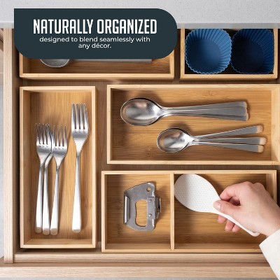 Luminuxe Bamboo Drawer Organizer Set, 5 Piece Non-Slip Versatile Storage Trays for Kitchen Utensils, Bathroom Essentials, Makeup & Jewelry Drawer Organizer Set — фото 5