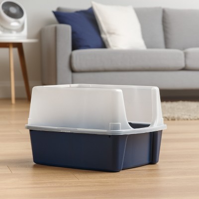 Navy Plastic Open-Top Cat Litter Box with Shield