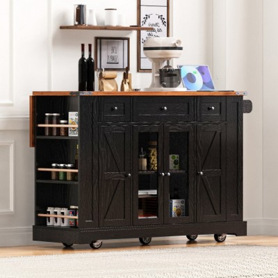 53'' Kitchen Island Cart with Power Outlet, Open Side Racks and Drawers, Rolling Storage Cabinet for Kitchen or Dining Room–Maison Boucle