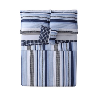 Blue Striped Twin Microfiber Reversible Comforter Set