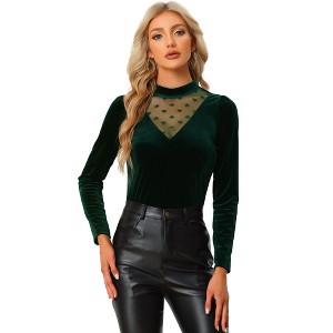 INSPIRE CHIC Women's Casual Velvet Long Sleeve Choker Neck Heart Dots Mesh Panel Top - 1 of 4