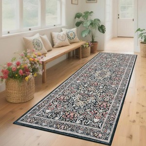 Floral Boho Runner Rug - Non-Slip Low-Pile Soft Carpet for Hallway, Kitchen Bathroom Nursery Office Dining Room Entryway - 1 of 4