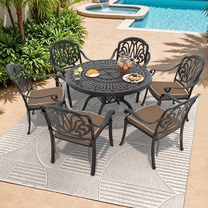 7-Piece Cast Aluminum Outdoor Dining Set: Round Table, Stackable Chairs & Brown Cushions - All-Weather Patio Furniture for Your Backyard - 1 of 4