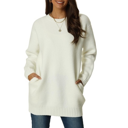 Crew Neck Rib Knit Sweater, Casual Drop Shoulder Oversized Long