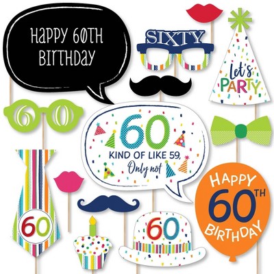 Big Dot of Happiness 60th Birthday - Cheerful Happy Birthday - Colorful Sixtieth Birthday Party Photo Booth Props Kit - 20 Count