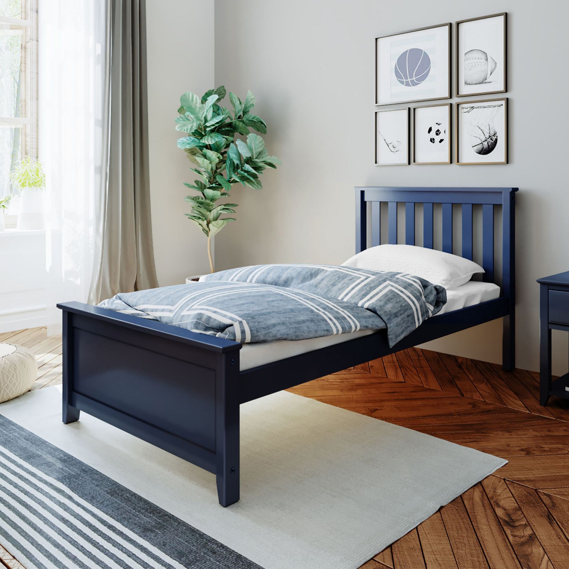 Max & Lily Twin Bed Frame with Headboard, Solid Wood Platform Bed for Kids, Blue