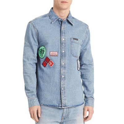 Calvin Klein Mens Patch Button Up Shirt, blue, M Neck