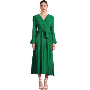 Allegra K Women's Elegant Pleated Cross V Neck Puff Sleeve Tie Waist A-Line Dress - 1 of 4
