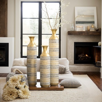 Aukfa Set of 3 Vintage Gold Metal Floor Vases – 24", 28.7", 33.5" for Living Room Décor