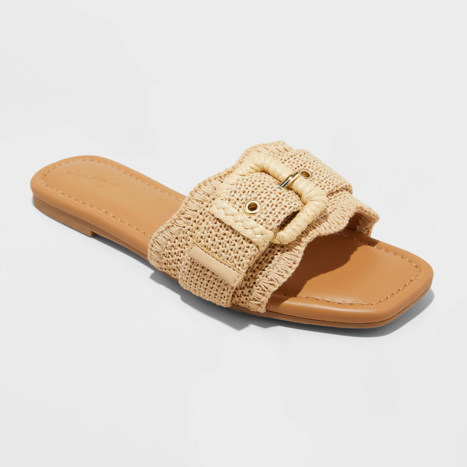 Women's Linda Raffia Buckle Slide Sandals - Universal Thread™ Tan 7: Memory Foam Insole, Adjustable Strap