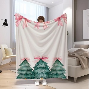 1-Pack Soft Flannel Christmas Tree Blanket with Pink Bows & Pine Cone Pattern, Green & White Bedspread, Christmas Gift. - 1 of 4