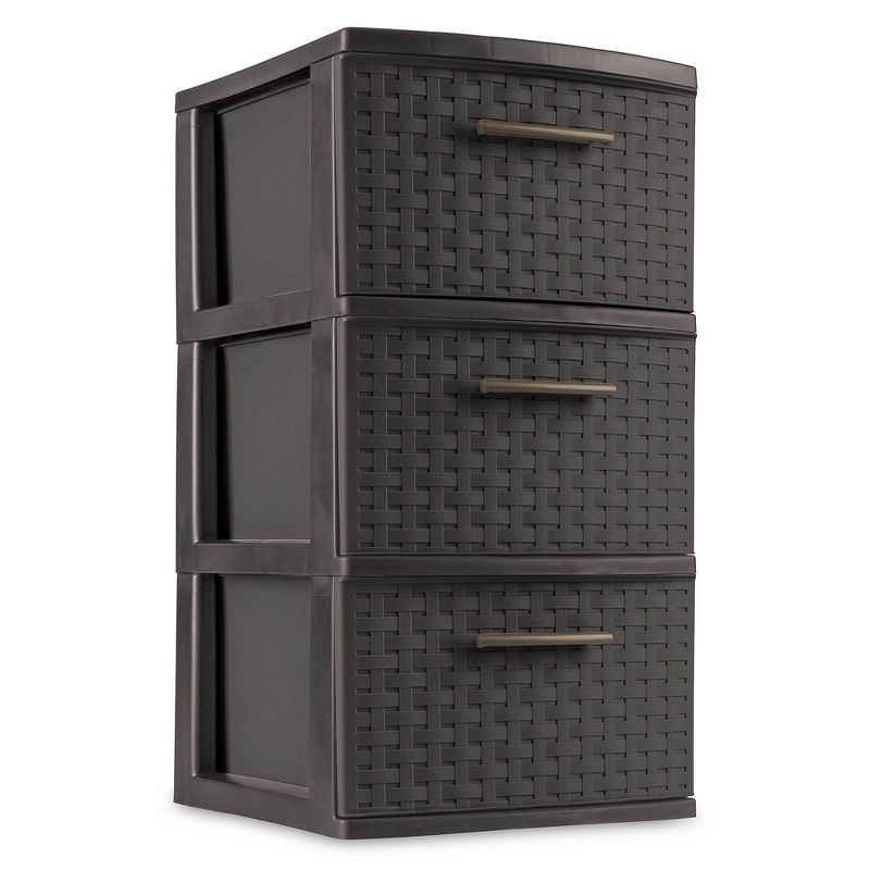 Sterilite 3 Drawer Wicker Weave Decorative Storage Organization Container Cabinet Tower with Driftwood Handles, Espresso (8 Pack), 3 of 6