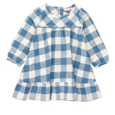 Image of RuffleButts Baby Girls Long Sleeve Ruffle Hem Dress - Countryside Blue Plaid, 6-12m