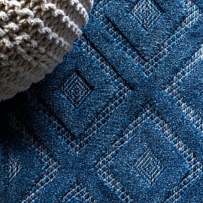 Navy Geometric Washable Indoor/Outdoor Runner Rug