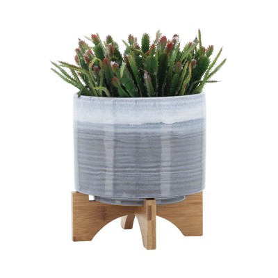 VisioGear Round Planter with Wooden Stand, Plant Pots for Living Room, Bedroom, Blue Fade, 8"*8"*10"