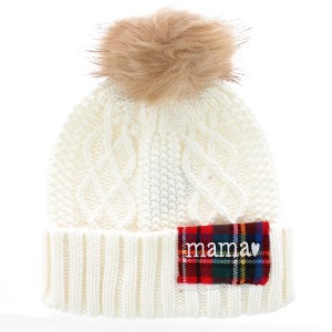 David & Young Women's Plaid Mama Patch Winter Beanie Knit Hat with Pom - 1 of 2