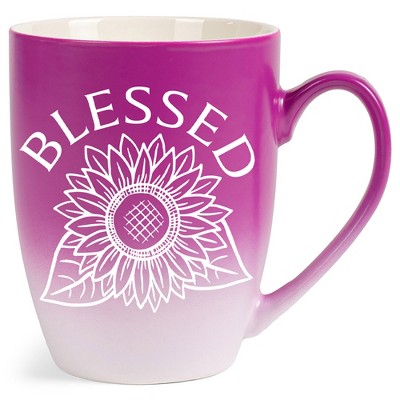 Elanze Designs Blessed Sunflower Two Toned Ombre Matte Pink and White 12 ounce Ceramic Stoneware Coffee Cup Mug