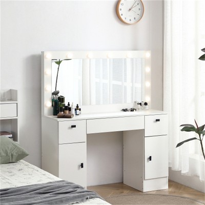 SKRAN Vanity table with lighted mirror, vanity desk with 3 drawers and storage cabinet,3 color lighting modes adjustable brightness, white color
