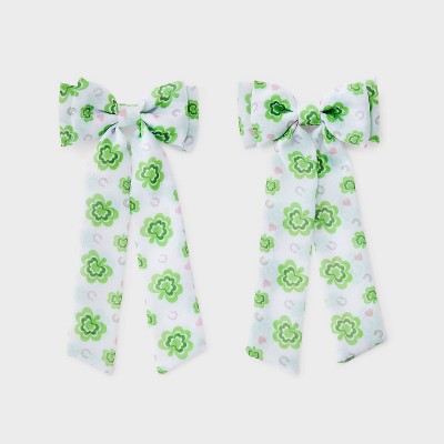 St. Patrick's Day Clover Print Hair Bow Clip Set 2pc - White/Green