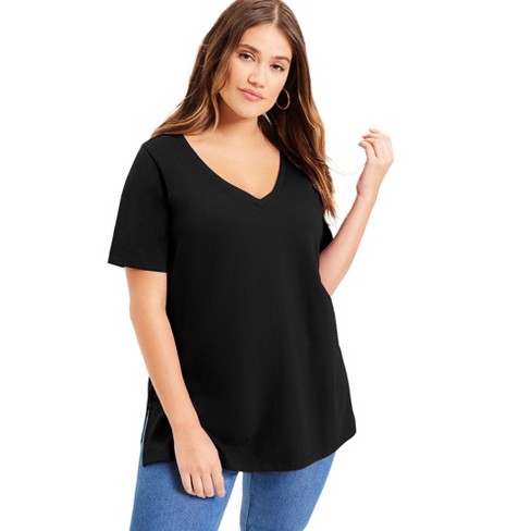 June + Vie by Roaman's Women's Plus Size Short-Sleeve V-Neck One + Only  Tunic, 14/16 - Black