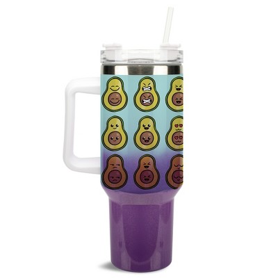 100 North Avocado Emoji Smiley Face 40 oz. Stainless Steel, Large Water Bottle Coffee Mug, Spill & Leak Resistant, Thermal Travel Tumbler with Handle,