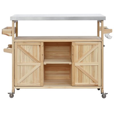 CLIHOME Outdoor Kitchen Island, Rolling Bar Cart & Storage Cabinet, Farmhouse Outdoor Grill Table with Stainless Steel Top, Towel Rack