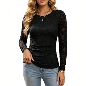 YESFASHION Womens Floral Jacquard Sheer Mesh Tops Lace Long Sleeve